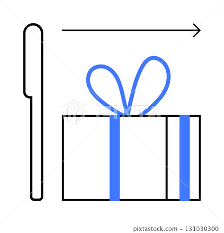 Gift box wrapped with blue ribbon next to a knife and a rightward arrow. Ideal for instructions, preparation, direction, step-by-step guides, recipes, navigation, organization. Line metaphor 131030300