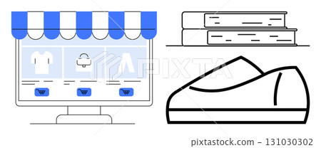 Computer monitor displaying e-commerce platform with blue awning and clothing icons. Books on shelf and shoe outline. Ideal for digital marketing, online retail, e-commerce solutions, web design Computer monitor displaying e-commerce platform with blue awning and clothing icons. Books on shelf and shoe outline. Ideal for digital marketing, online retail, e-commerce solutions, web design 131030302