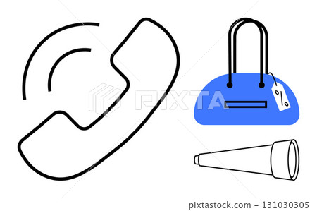 Phone receiver, blue handbag with price tag, and telescope. Ideal for communication, retail, shopping, travel, adventure exploration marketing. Line metaphor 131030305
