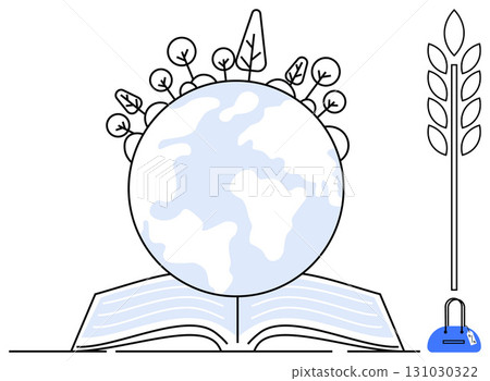 Globe resting on book, surrounded by branches and wheat stem. Ideal for education, sustainability, global awareness, environmental studies, agriculture, knowledge growth ecological education. Line Globe resting on book, surrounded by branches and wheat stem. Ideal for education, sustainability, global awareness, environmental studies, agriculture, knowledge growth ecological education. Line 131030322