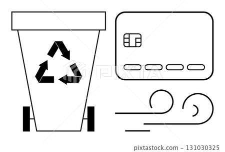 Recycling bin with recognizable recycling arrows, a card chip, and flowing lines. Ideal for financial services, sustainability, environmental impact, recycling programs, green energy, waste 131030325