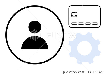 User profile icon within a circle next to a credit card and a gear symbol. Ideal for user management, account creation, online settings, personal information, profile setup, security features 131030326