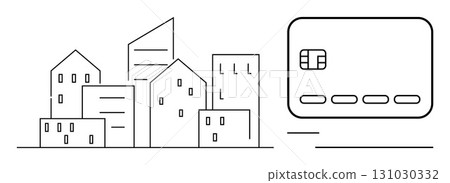 Urban buildings next to a large credit card outline. Ideal for real estate, finance, banking, urban development, mortgages, investments, economic growth. Line metaphor 131030332