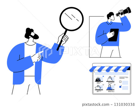 Two business people with magnifying glass and binoculars analyzing a webpage interface. Ideal for marketing, business strategy, online shopping, digital strategy, discovery, analysis, research. Line 131030338