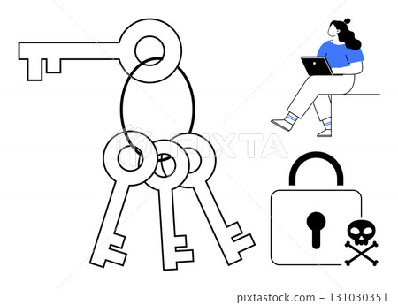 Keys on a keyring, woman using laptop, lock, and skull symbol. Ideal for cybersecurity, data protection, online security, hacking awareness, privacy concerns, IT training, system security. Line 131030351