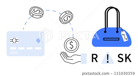 Money coins transfer from credit card to hand, with blue shopping bag and word RISK highlighted by a warning sign. Ideal for financial education, fraud prevention, e-commerce security, personal 131030359