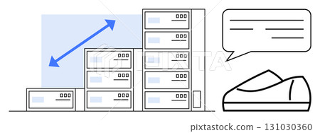 Servers stacked in increasing sizes with an upward blue arrow on left, empty text bubble and sneaker on right. Ideal for tech, data growth, communication, scalability, networking, IT infrastructure Servers stacked in increasing sizes with an upward blue arrow on left, empty text bubble and sneaker on right. Ideal for tech, data growth, communication, scalability, networking, IT infrastructure 131030360