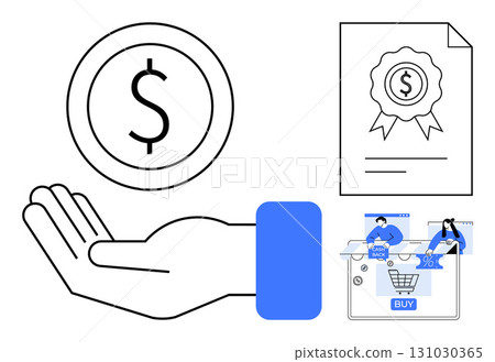 Hand with dollar sign, financial certificate, and online shopping illustration involving users. Ideal for finance, investment, e-commerce, certificates, financial aid, online transactions digital 131030365