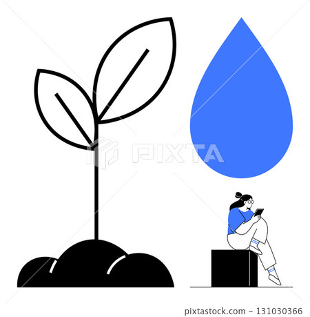 Sprouting plant and a large blue water droplet with a person in blue attire using a tablet. Ideal for growth, education, sustainability, technology, learning, nature, and innovation themes. Line 131030366