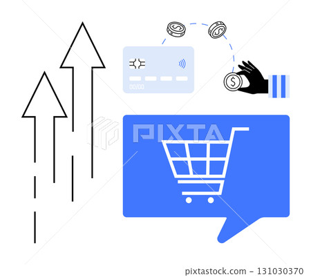 Arrows indicating upward growth, shopping cart in blue speech bubble, credit card, hand with coins. Ideal for e-commerce, digital payments, business growth, economic trends, online retail, financial 131030370