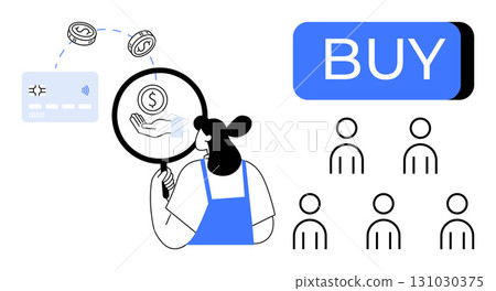 Woman using magnifying glass to analyze financial transactions, surrounded by a credit card, dollar coins, large BUY button, and six people icons. Ideal for finance, e-commerce, consumer behavior 131030375