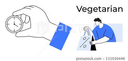 Hand holding a clock, person carrying shopping bags with Vegetarian text. Ideal for healthy lifestyle, time management, vegetarian diet, groceries, wellness promotions, health campaigns sales. Line Hand holding a clock, person carrying shopping bags with Vegetarian text. Ideal for healthy lifestyle, time management, vegetarian diet, groceries, wellness promotions, health campaigns sales. Line 131030446