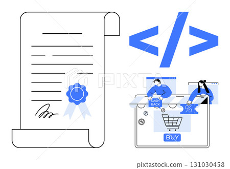 Contract with official seal and signature next to e-commerce shopping interface and coding brackets. Ideal for digital transactions, e-commerce, legal tech, coding, online shopping, software 131030458