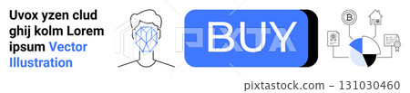 Facial recognition, large blue BUY button, and cryptocurrency icons with pie chart and house. Ideal for digital identification, e-commerce, online transactions, cybersecurity, blockchain, finance Facial recognition, large blue BUY button, and cryptocurrency icons with pie chart and house. Ideal for digital identification, e-commerce, online transactions, cybersecurity, blockchain, finance 131030460
