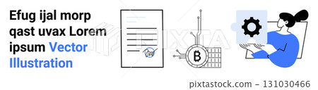 Hand pointing at document, Bitcoin blockchain network, person holding gear puzzle. Ideal for websites, fintech apps, blockchain services, cryptocurrency guides, tech blogs, collaboration tools 131030466