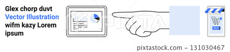 Hand pointing at tablet screen displaying data chart with pie graph and bar graph. Includes text and shopping app icon for e-commerce, analytics, and infographic design. Ideal for UIUX, education Hand pointing at tablet screen displaying data chart with pie graph and bar graph. Includes text and shopping app icon for e-commerce, analytics, and infographic design. Ideal for UIUX, education 131030467