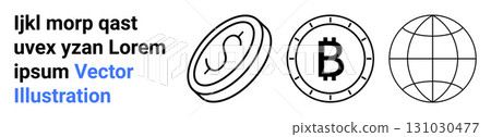 Horizontal layout with dollar coin, bitcoin symbol, and globe outline. Black and white line art. Ideal for finance, cryptocurrency, global markets, blockchain, digital currency, fintech 131030477