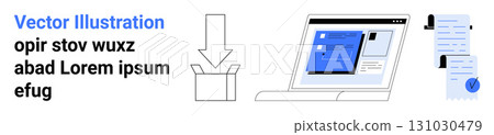 Box with arrow, laptop displaying text and data, document stack with lock and verified checkmark. Ideal for technology, data management, digital downloads, security, verification, business 131030479