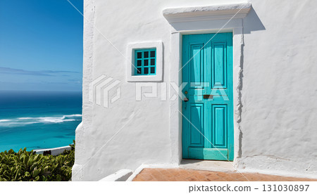 blue door on the balcony 131030897