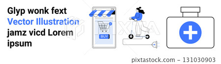 Online store with shopping cart and buy button, person riding e-scooter, medical bottle with cross. Ideal for tech solutions, shopping apps, health services, urban mobility, startup websites, modern Online store with shopping cart and buy button, person riding e-scooter, medical bottle with cross. Ideal for tech solutions, shopping apps, health services, urban mobility, startup websites, modern 131030903