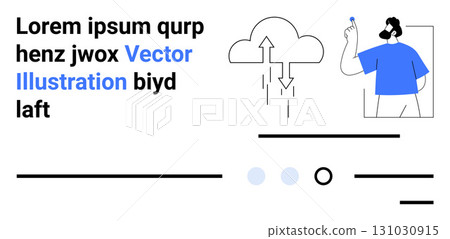 Cloud with arrows, man with beard and blue shirt holding pencil, abstract lines and dots. Ideal for tech, networking, data visualization, cloud computing, education, minimalism, modern design Cloud with arrows, man with beard and blue shirt holding pencil, abstract lines and dots. Ideal for tech, networking, data visualization, cloud computing, education, minimalism, modern design 131030915