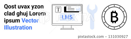 Computer monitor with LMS software, text block, wrench, and Bitcoin symbol. Ideal for tech, education, blockchain, cryptocurrency, web development, software tools, online learning. Landing page 131030927