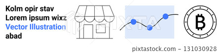 Storefront, rising graph with three data points, Bitcoin symbol ideal for business, finance, cryptocurrency themes, commerce, trends analytics, investment, economic growth. Landing page 131030928