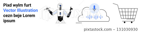 Robot interacts using voice commands near cloud icon with microphone and shopping cart. Ideal for AI technologies, voice recognition, cloud services, e-commerce, automation, future tech, online Robot interacts using voice commands near cloud icon with microphone and shopping cart. Ideal for AI technologies, voice recognition, cloud services, e-commerce, automation, future tech, online 131030930
