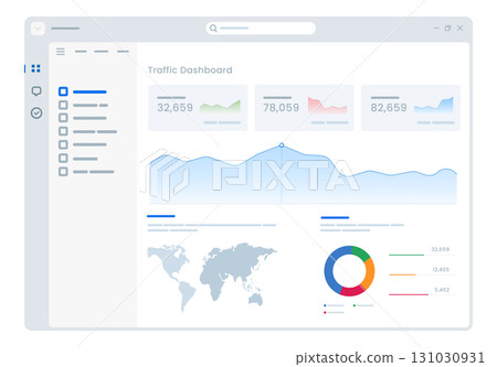 clean light themed digital dashboard data analytics business intelligence with charts graphs and world map display performance metrics business reports traffic statistics in modern interface clean light themed digital dashboard data analytics business intelligence with charts graphs and world map display performance metrics business reports traffic statistics in modern interface 131030931