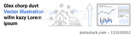 House with connected smart devices icons, rising arrow, and data charts. Ideal for real estate, analytics, smart home, technology, data visualization, investment, digital transformation. Landing page 131030932