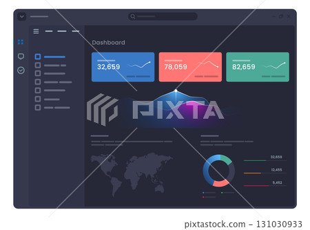 dark themed digital dashboard for data analytics and business intelligence charts graphs world map providing modern interface for monitoring performance metrics and business reports 131030933