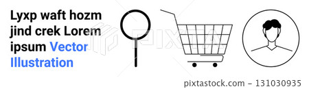 Magnifying glass, shopping cart, and male avatar icons with placeholder text. Ideal for e-commerce, user profiles, search features, online shopping, marketing, website design, app interfaces. Banner 131030935