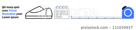 Black and white sneaker outline, calendar with six circles, blue and white measuring tape, and placeholder text. Ideal for footwear design, scheduling, planning, measurements, organization Black and white sneaker outline, calendar with six circles, blue and white measuring tape, and placeholder text. Ideal for footwear design, scheduling, planning, measurements, organization 131030937