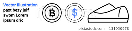 Cryptocurrency symbols of Bitcoin and Dollar alongside a minimalist shoe icon. Ideal for financial technology, e-commerce, digital payments, online shopping, modern currency, blockchain, and retail 131030978