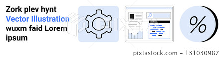 Gear symbol, web layout diagram, percentage sign. Ideal for business presentations, tech interfaces, data analysis, website design, economic reports, user interface design, online marketing. Landing 131030987