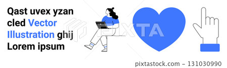 Woman sitting with laptop, large blue heart, and pointing hand symbol near text block Ideal for education, technology, design, user interface, websites, social media, tutorials Landing page 131030990