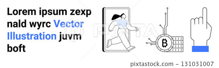 Stylized figure running out of a screen, Bitcoin with circuit connections, and hand pointing upward. Ideal for fintech, blockchain, cryptocurrency, technology, mobile apps, innovation, education Stylized figure running out of a screen, Bitcoin with circuit connections, and hand pointing upward. Ideal for fintech, blockchain, cryptocurrency, technology, mobile apps, innovation, education 131031007