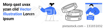 Person pointing at text block, stack of coins, and person holding cash back sign in a browser window. Ideal for financial services, online transactions, cashback promotions, marketing, business Person pointing at text block, stack of coins, and person holding cash back sign in a browser window. Ideal for financial services, online transactions, cashback promotions, marketing, business 131031032