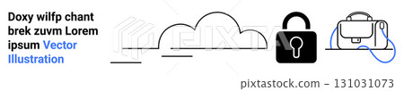 Stylized cloud, lock, and bag icons highlight digital security. Ideal for cybersecurity, online storage, data privacy, tech services, encryption, secure file sharing, virtual workspaces. Landing page Stylized cloud, lock, and bag icons highlight digital security. Ideal for cybersecurity, online storage, data privacy, tech services, encryption, secure file sharing, virtual workspaces. Landing page 131031073