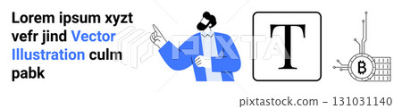 Businessman pointing, lorem ipsum text, typography icon, and bitcoin technology element. Ideal for presentations, websites, educational content, fintech themes, digital marketing, tech blogs 131031140