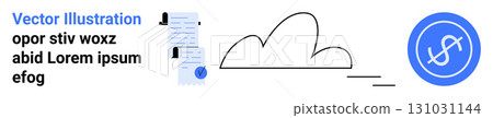 Documents with checkmarks, a person icon, a cloud, and a dollar symbol. Ideal for business, finance, cloud storage, data security, documentation, digital signatures, online transactions. Landing page Documents with checkmarks, a person icon, a cloud, and a dollar symbol. Ideal for business, finance, cloud storage, data security, documentation, digital signatures, online transactions. Landing page 131031144