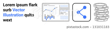 Graph with lines and bars, data connections symbol, and stack of coins. Ideal for business, finance, data analysis, technology, investments, economy, digital platforms. Landing page Graph with lines and bars, data connections symbol, and stack of coins. Ideal for business, finance, data analysis, technology, investments, economy, digital platforms. Landing page 131031183