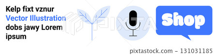 Plant leaf, microphone icon, and speech bubble with Shop text featured. Ideal for e-commerce, technology, environment, communication, marketing. Banner for landing page 131031185