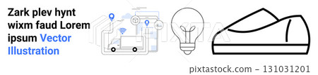 Delivery truck, connected devices, and navigation pins, signifying logistics. Light bulb for innovation and ideas. Shoe as a product focus. Ideal for technology, logistics, innovation, product Delivery truck, connected devices, and navigation pins, signifying logistics. Light bulb for innovation and ideas. Shoe as a product focus. Ideal for technology, logistics, innovation, product 131031201