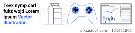 Container of text, milk carton, gaming controller, business analytics dashboard. Ideal for tech blogs, gaming platforms, data presentations, ecommerce sites, educational content, digital marketing 131031202