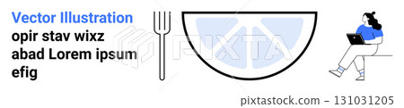 Person using laptop, large citrus slice, fork, mostly black and white with blue accents. Ideal for modern work, remote jobs, technology, citrus fruits, kitchen utensils, minimalistic design 131031205