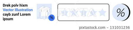 Star rating system with five empty stars, percentage symbol in a blue circle, a shirt icon, and a large percentage icon. Ideal for e-commerce, feedback forms, product reviews, customer satisfaction Star rating system with five empty stars, percentage symbol in a blue circle, a shirt icon, and a large percentage icon. Ideal for e-commerce, feedback forms, product reviews, customer satisfaction 131031236