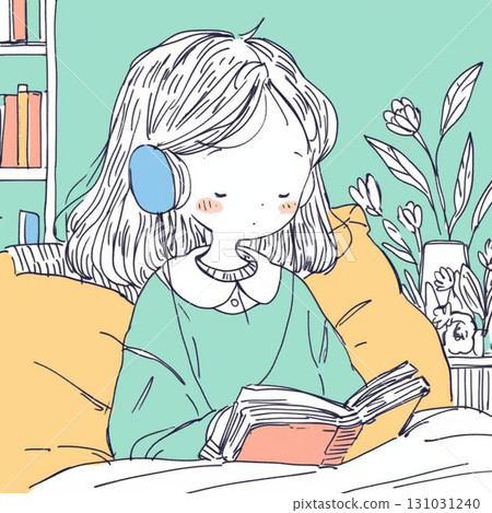 Illustration of a girl reading a book while listening to music with headphones 131031240