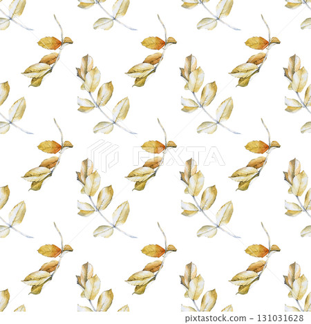 Watercolor seamless pattern with autumn rosehip leaves, hand-drawn. Botanical illustration on a white background. Seamless background with yellow dry leaves for wallpaper, textiles, tableware. 131031628