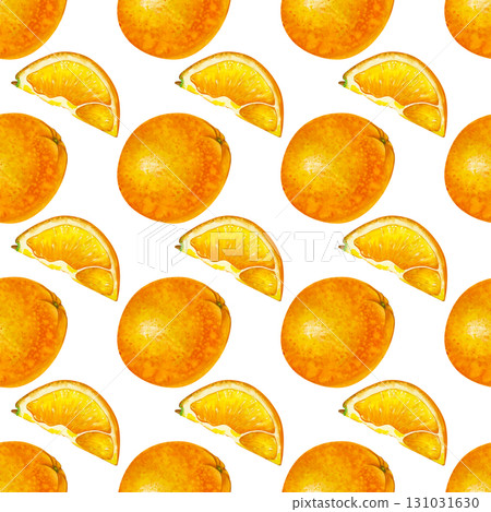 Seamless hand-drawn pattern with oranges, whole and in pieces. Watercolor illustration isolated on a white background. Botanical seamless background with bright fruits for packaging, wallpaper 131031630